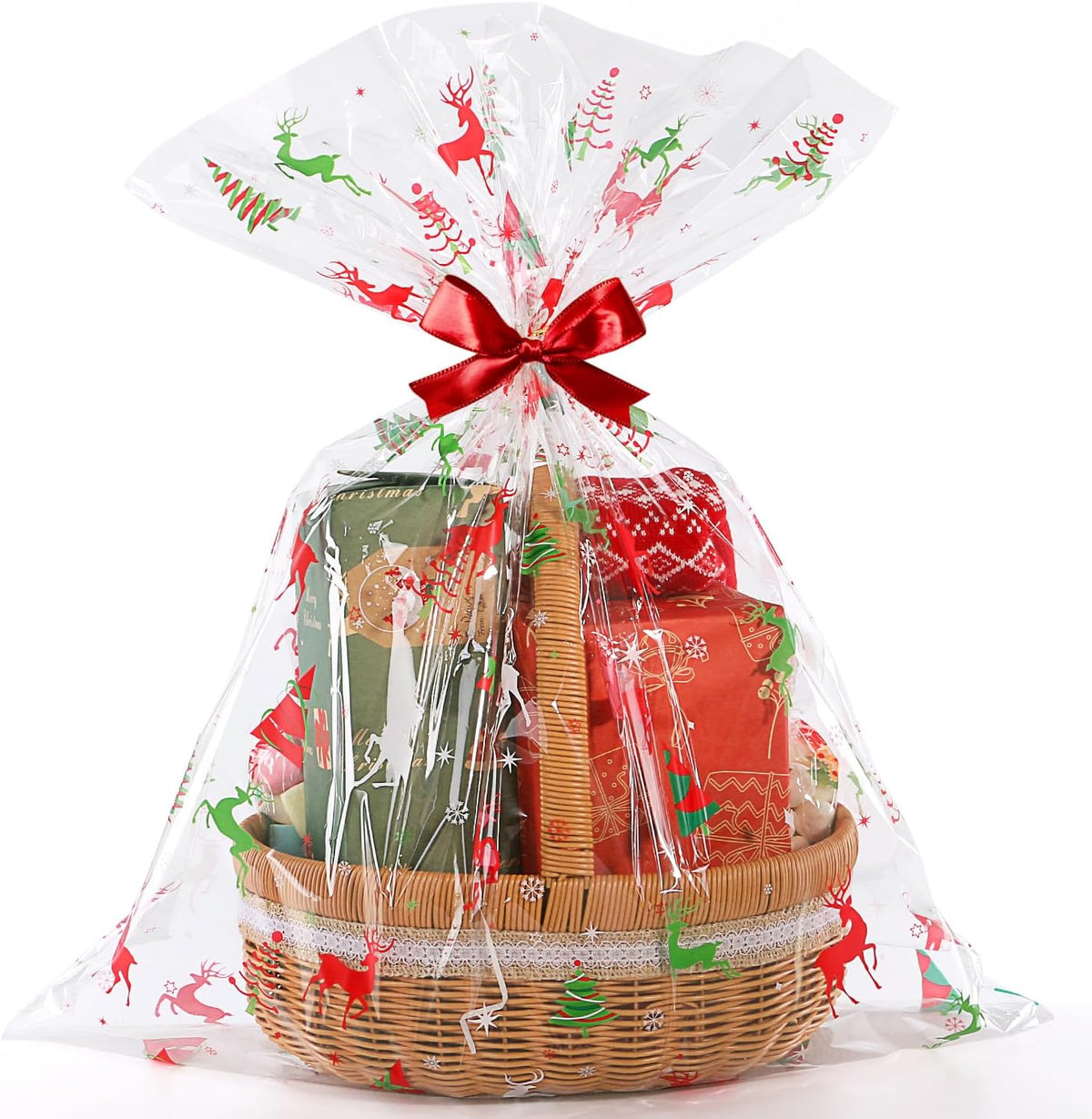CUDICY Christmas Cellophane Gift Bags 10pcs Large Holiday Gift Wrap 24x30 Inch Clear Gift Basket Wrapping Plastic (Reindeer)