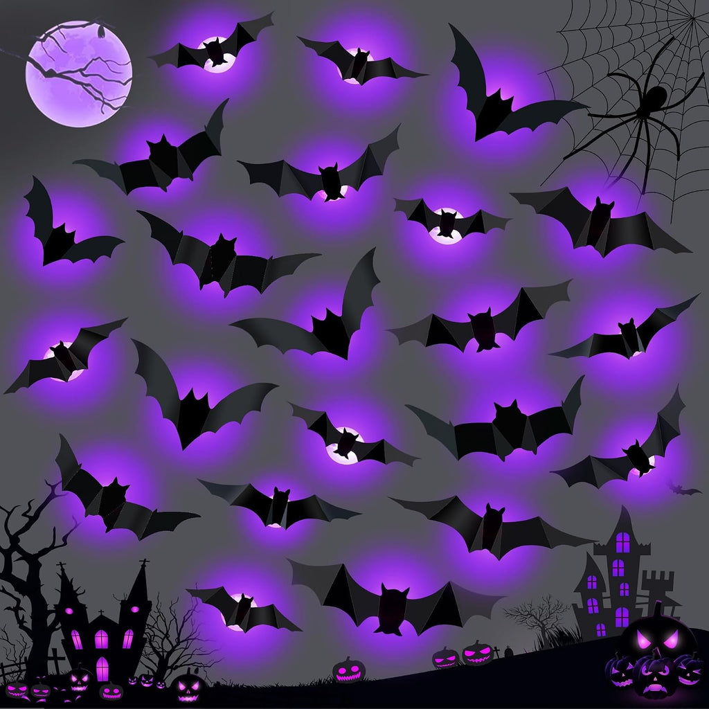 36 PCS LED Purple Lighted 3D Bats Halloween Decoration,5 Sizes & 4 Shapes