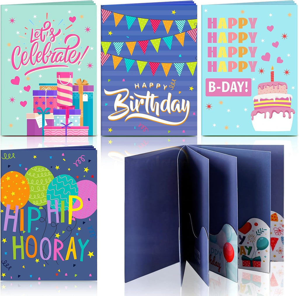 AmazingSpark 4 Set Birthday Gift Card Booklet Cardboard Christmas Birthday Money Holder for Cash Xmas Gift Party Favor Bulk Surprise Money Card Sleeve for Teacher Employee Appreciation