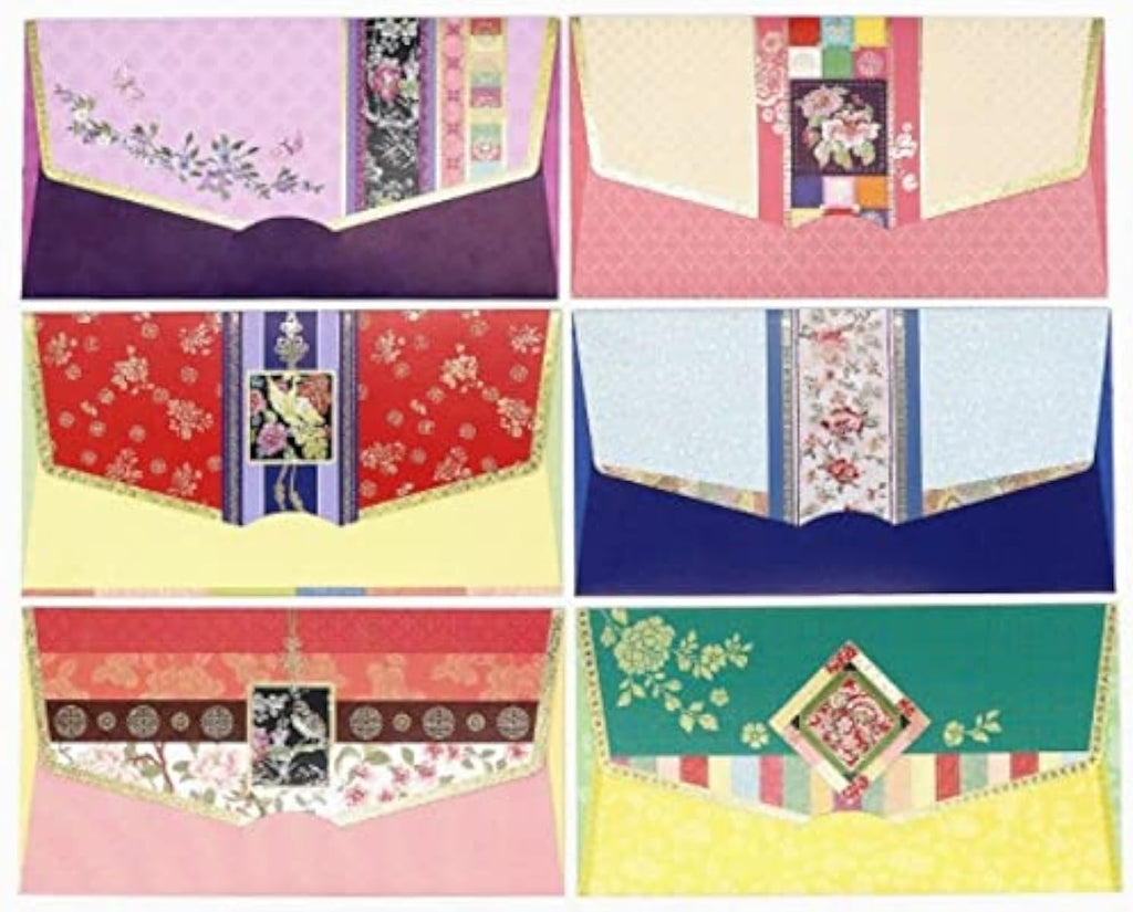 (Pack of 6) Korean Traditional Money Gift Envelopes for Cash Wedding, Birthday, New Year, Christmas, Multicolor