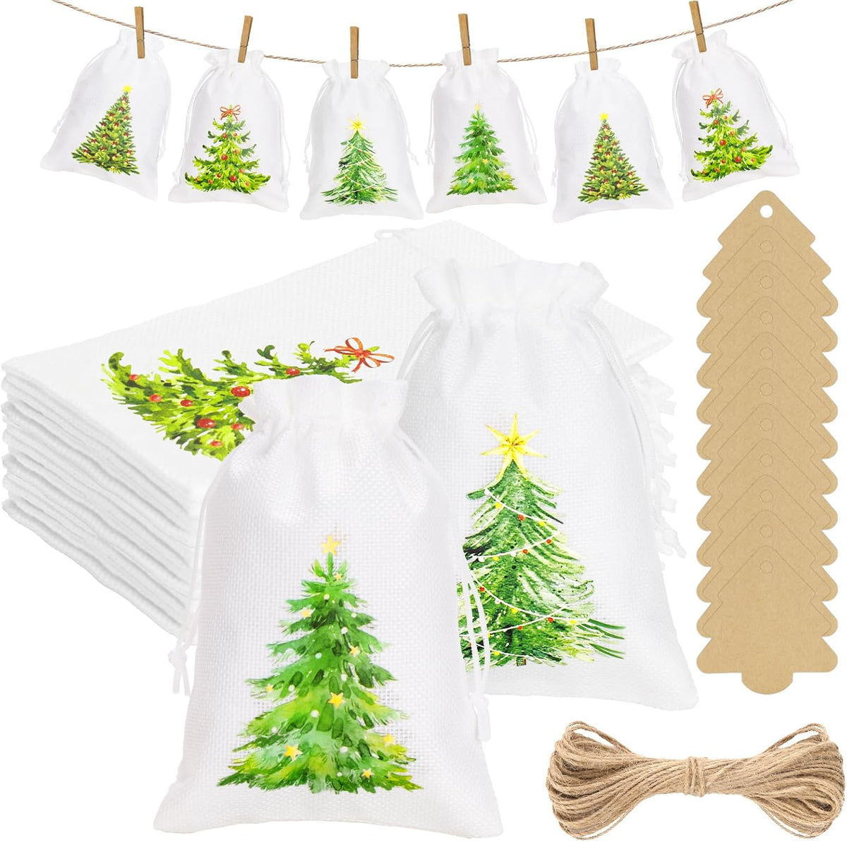 G2PLUS 24Pcs Christmas Drawstring Burlap Gift Bags - 5X7 In Christmas Advent Calendar Bags, 4 Design Xmas Tree Burlap Bag, White Treat Goody Bag for Xmas Holiday Party Favors