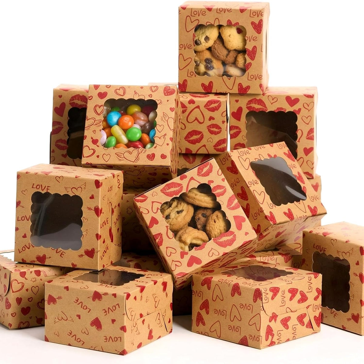 LemonRoad 48 Pcs Heart Kraft Cookie Boxes with Window 4x4x2.5 Inches Love Treat Boxes Containers for Trick or Treaters Candy Pastries Doughnut Brownies Truffles Gift Wrap Wedding Party Supplies