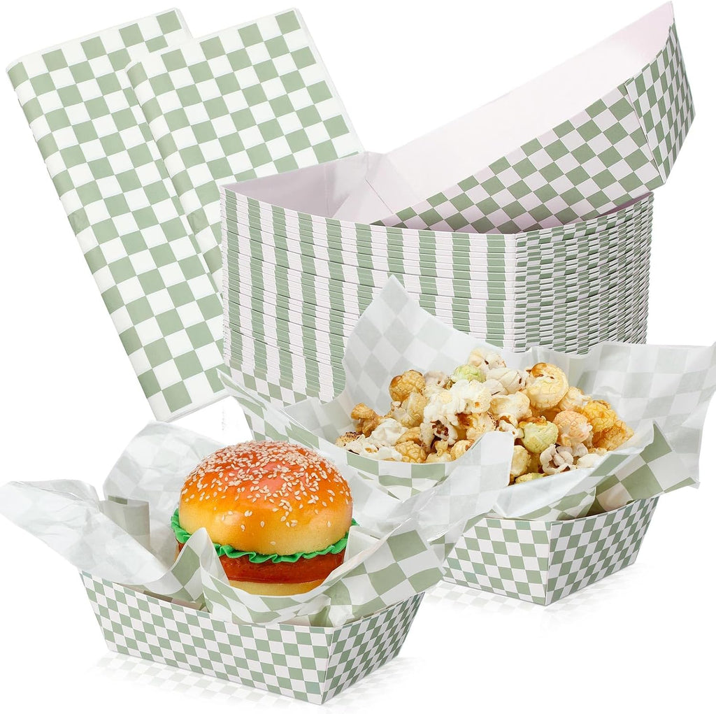 Geosar 200 PcsGingham Paper Food Tray with Wax Paper,Green White