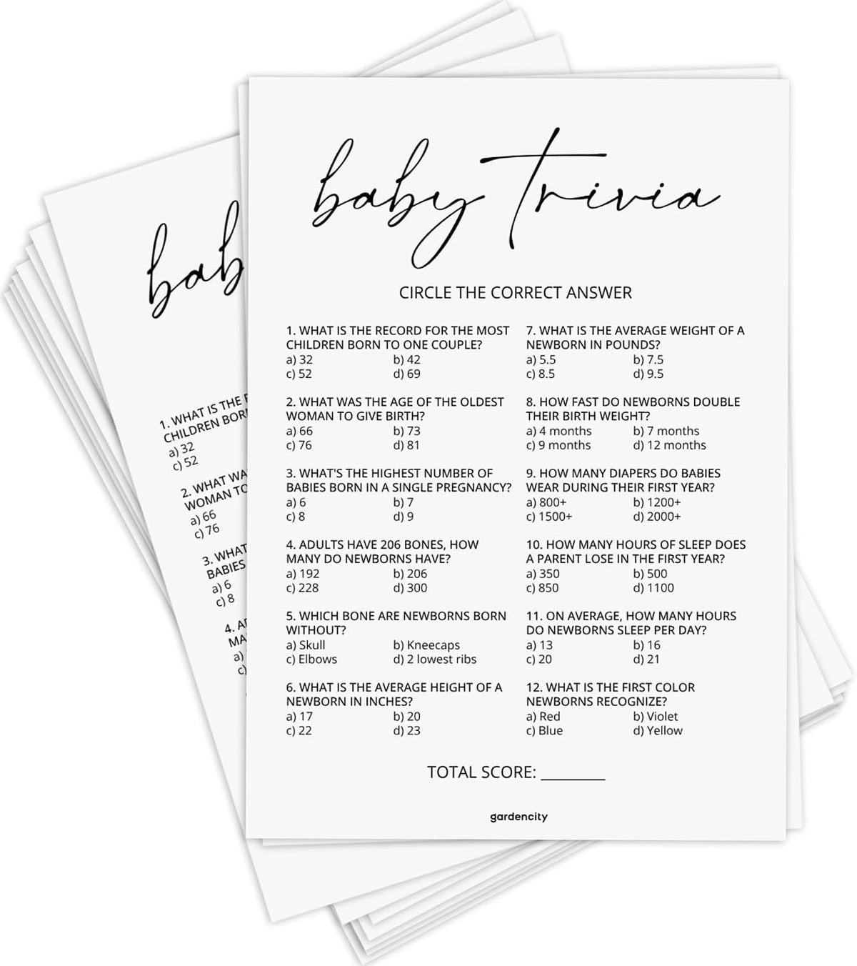 GardenCity Baby Trivia Baby Shower Game (50 Cards), Trivia Game Activity for Boy or Girl (Minimalist)