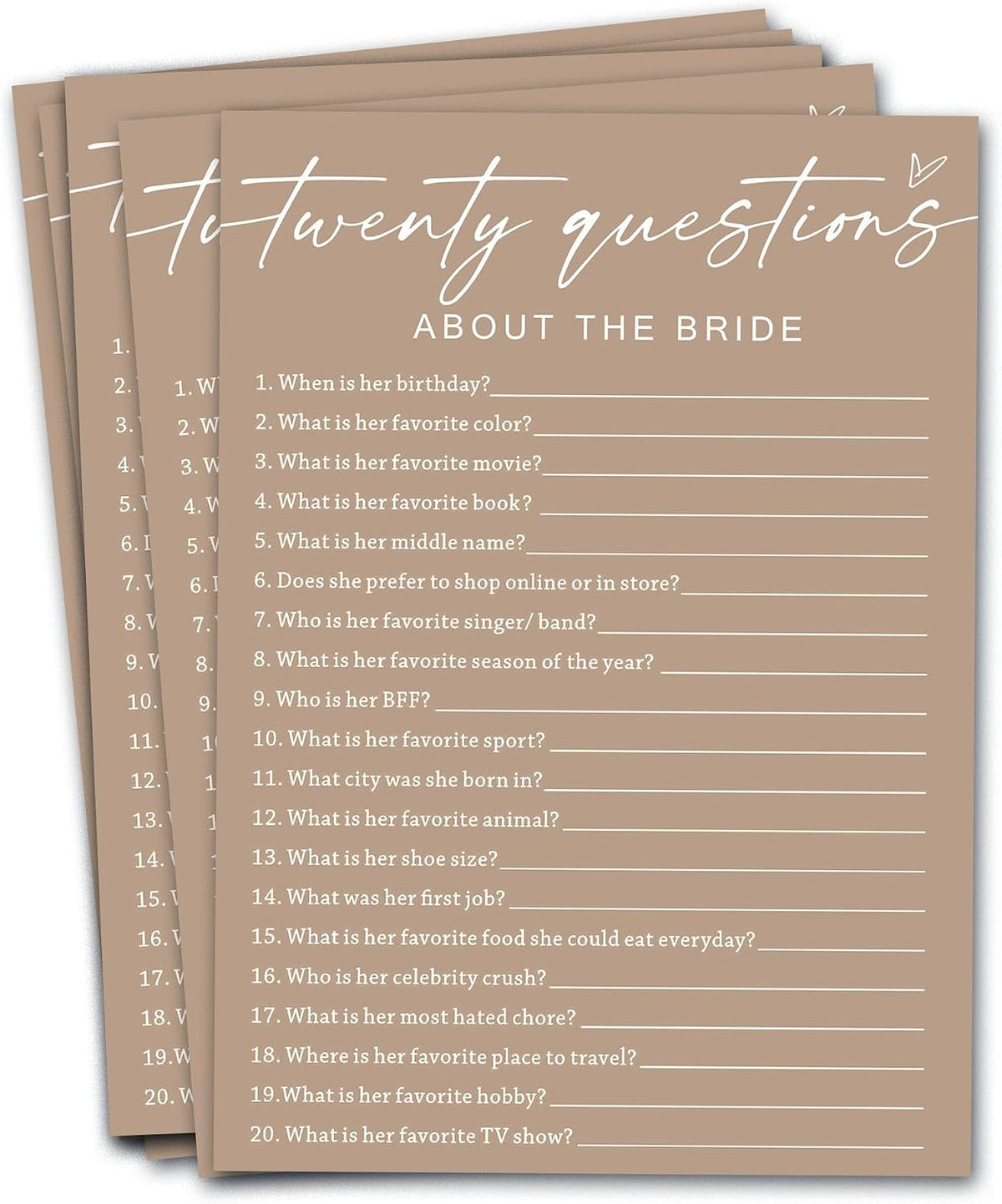 Bridal Shower Games Cards, Twenty Questions about The Bride, Engagement Party Wedding Games for 25 Guests, Minimalist Brown Wedding Party Supplies
