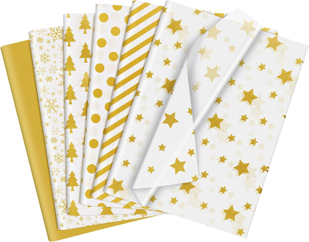 Blisstime 120 Sheets Gold Tissue Paper Gift Wrap Bulk, 19.5" x 13.6" Christmas Tissue Paper for Wrapping, 6 Assorted Designs Golden Stars Snow Dots for Christmas Gift Bags, DIY and Craft