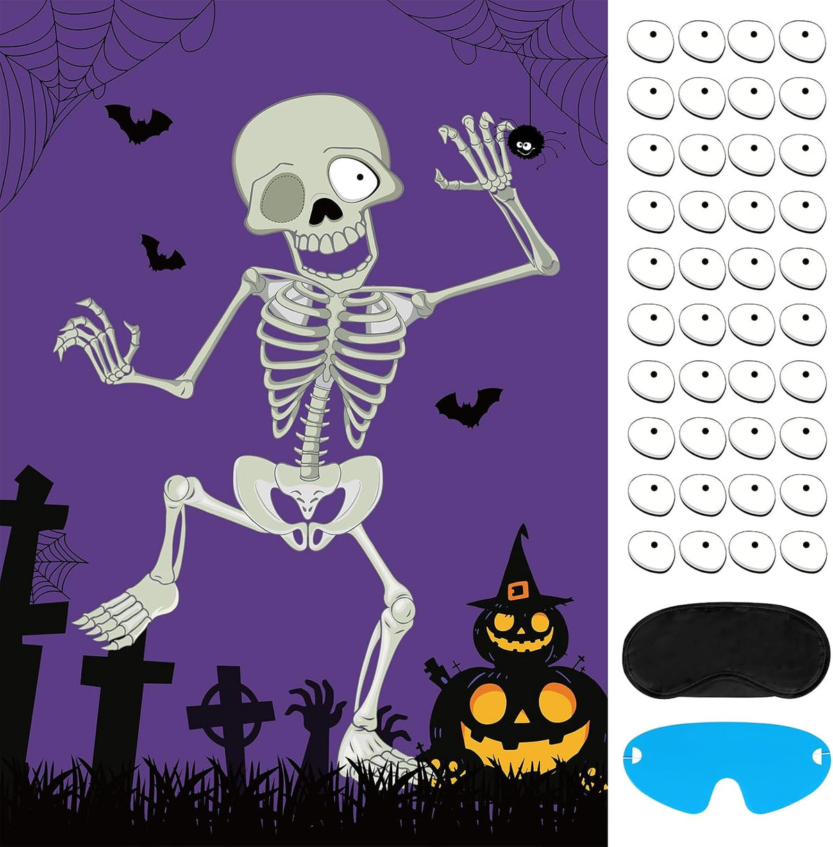 Hxezoc Halloween Games for Kids Party Pin The Eyeball on The Mr.Bone with 40 Pcs Eyeball Stickers, Large Skeleton Poster for Halloween Party Classroom Party Supplies
