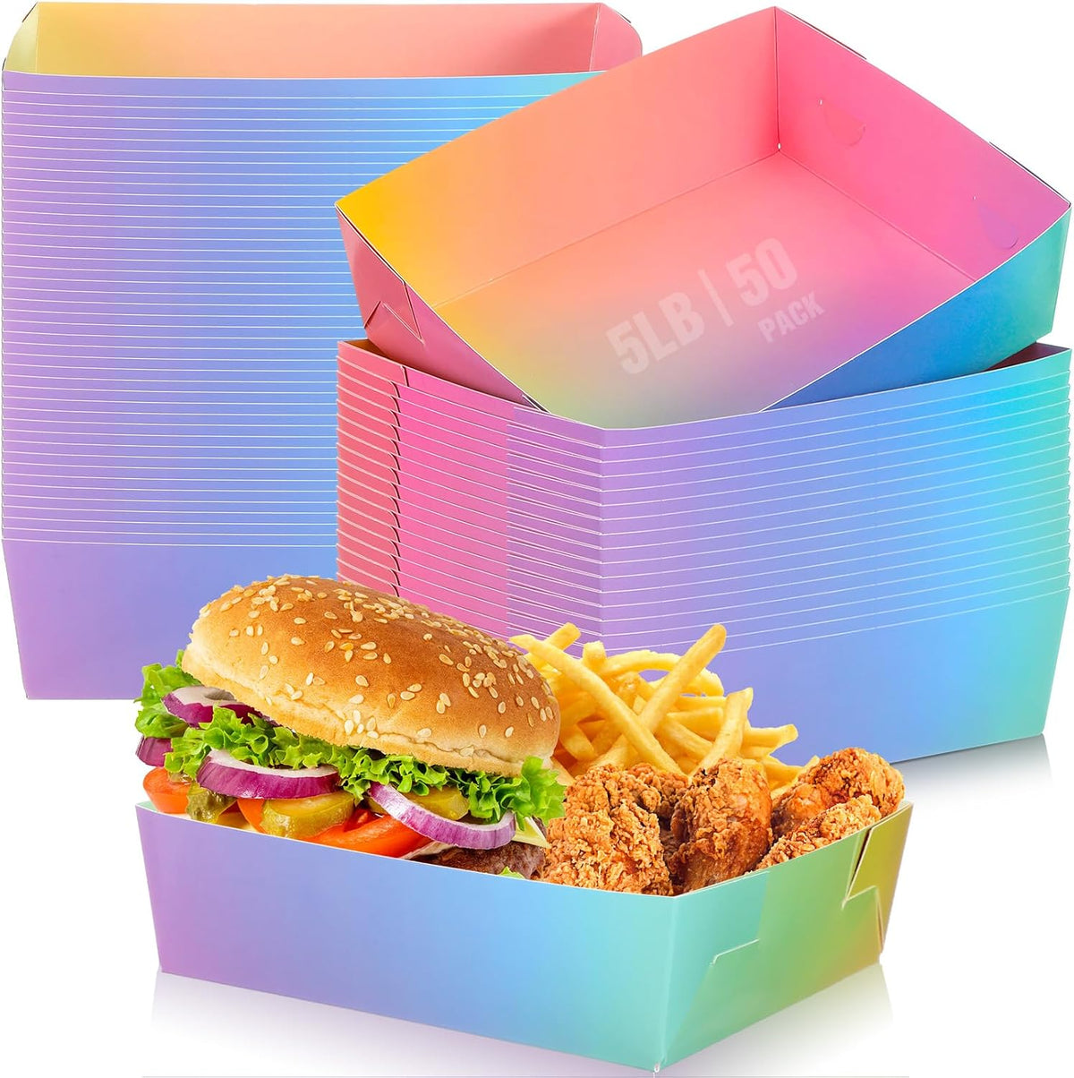Uiifan 50 Pcs 5 lb Extra Large Paper Food Serving Trays, Rainbow