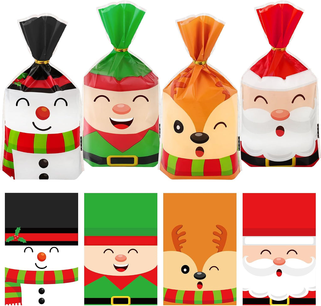 peony man 100 PCS Christmas Cellophane Treat Bags 5.1 x 9.1 Inch Christmas Plastic Candy Bag with Twist Ties 4 Styles Santa Claus Snowman Goodie Bags for Xmas Holiday Home Party Supplies
