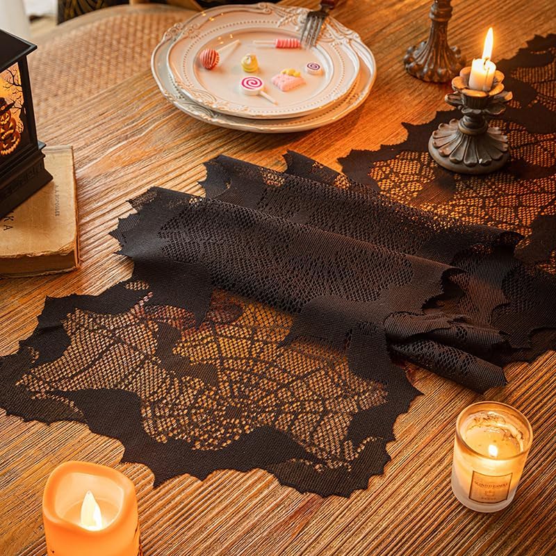Black Lace Bat Web Halloween Table Runner - 13 x 70Inch