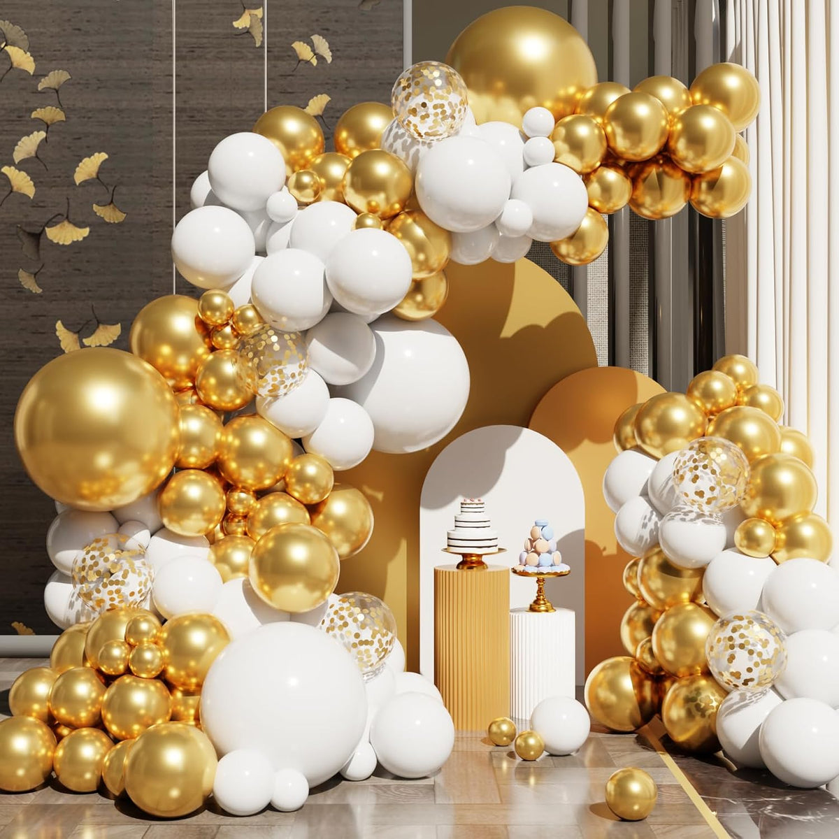 White and Gold Balloons Arch Kit, 131Pcs Gold Latex Balloons Different Size
