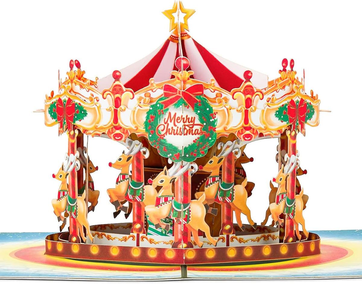 POPWOW Christmas Merry-Go-Round Pop Up Card, Merry Xmas, Reindeers, Wreath, 3D Popup Greeting Cards, Gifts for Women, Men, Kid, Boy, Girl, Sister, 5x7 - Includes Envelope And Message Note