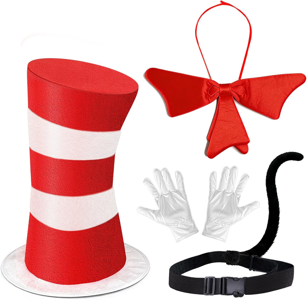 Red and White Striped Top Hat, Adult Standard Size, Cat Hat Costume Halloween Role-Play Party Accessory