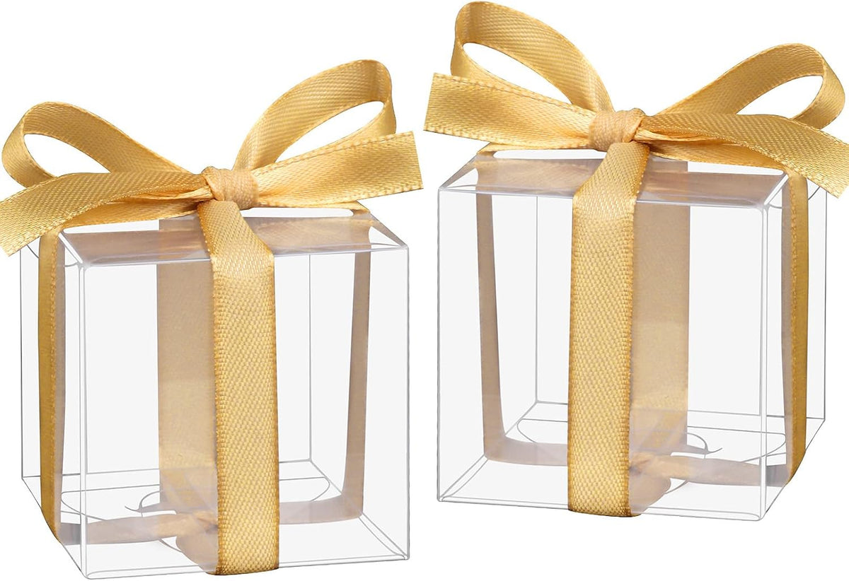 Hooqict 50pcs Favor Boxes 2x2x2 Inches Clear Party Favor Boxes with Ribbons Small Plastic Gift Candy Treat Boxes for Wedding Favors Baby Shower Birthday Classroom