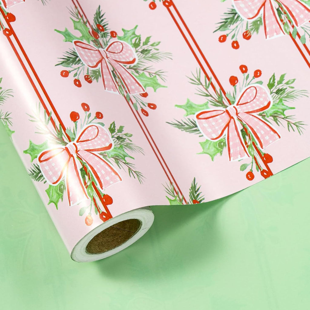 LeZakaa Christmas Wrapping Paper Roll, Pink Red Bow Berry Green Solid Color Design Holiday Gift Wrap for Kids Girls Women, Watercolor Style for Christmas Party Present, Mini Roll 17" x 16.4 ft