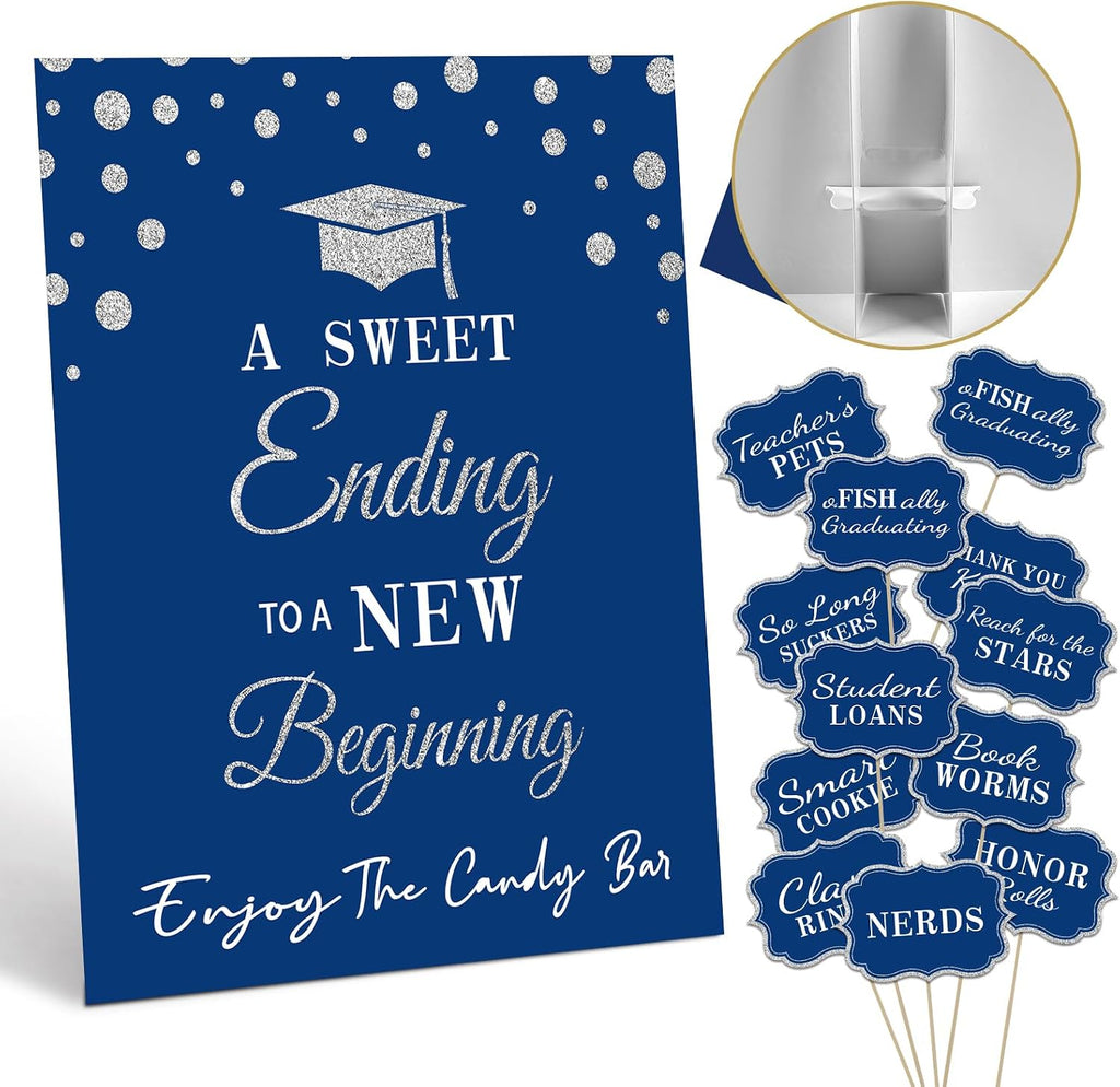 Graduation Candy Buffet Labels for Grad Party Decorations, Graduation Candy Bar Dessert Food Label Signs Set, Class of 2026 Grad Parties Table Decor Supplies (Blue and Silver)
