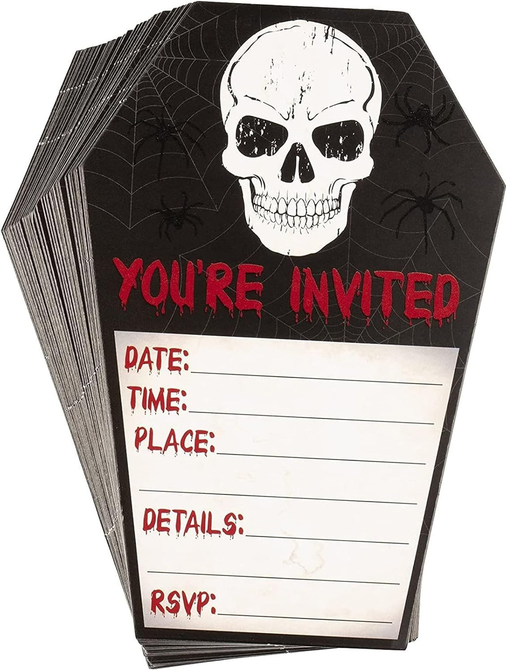 Juvale Halloween Invite Cards - 60 Pack 4.6 x 7 In Coffin Shape Black Retro - Fill-In Skull Design & Envelopes With RSVP - Party Invites & Horror Halloween Invitations