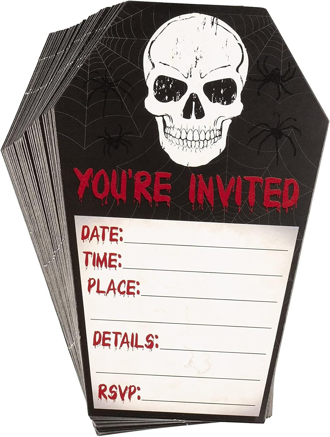 Juvale Halloween Invite Cards - 60 Pack 4.6 x 7 In Coffin Shape Black Retro - Fill-In Skull Design & Envelopes With RSVP - Party Invites & Horror Halloween Invitations