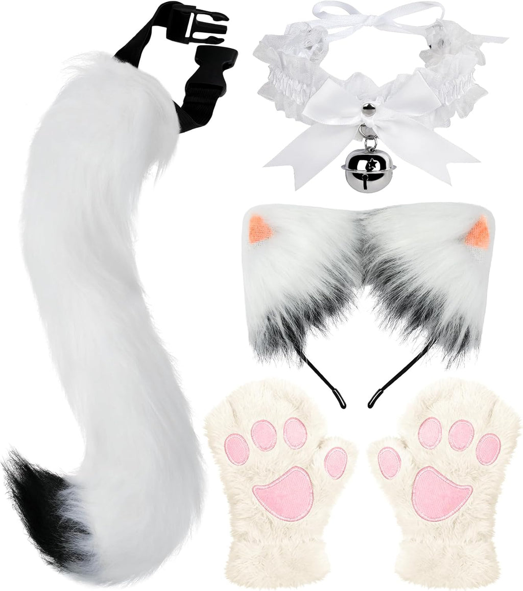 Cat Ears and Tail,Wolf Fox Ears Long Tail and Bell Lace Choker Set for Halloween,Animal Cosplay Party Costume
