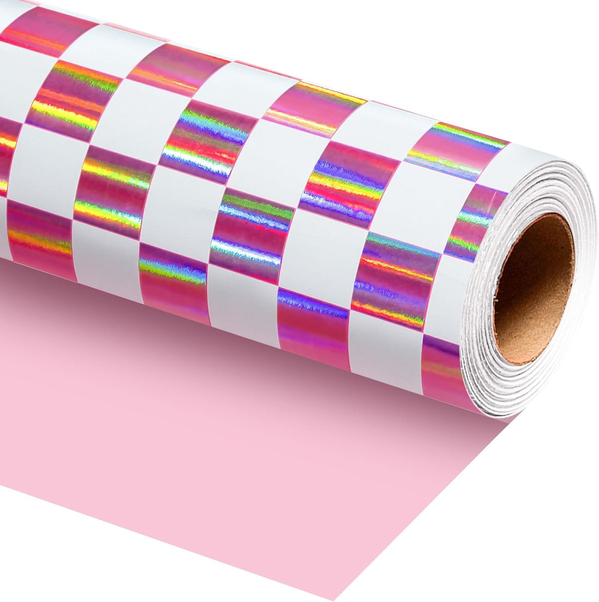 MAYPLUSS Pink Gift Wrapping Paper, 17in x 33ft Holographic Plaid Wrap