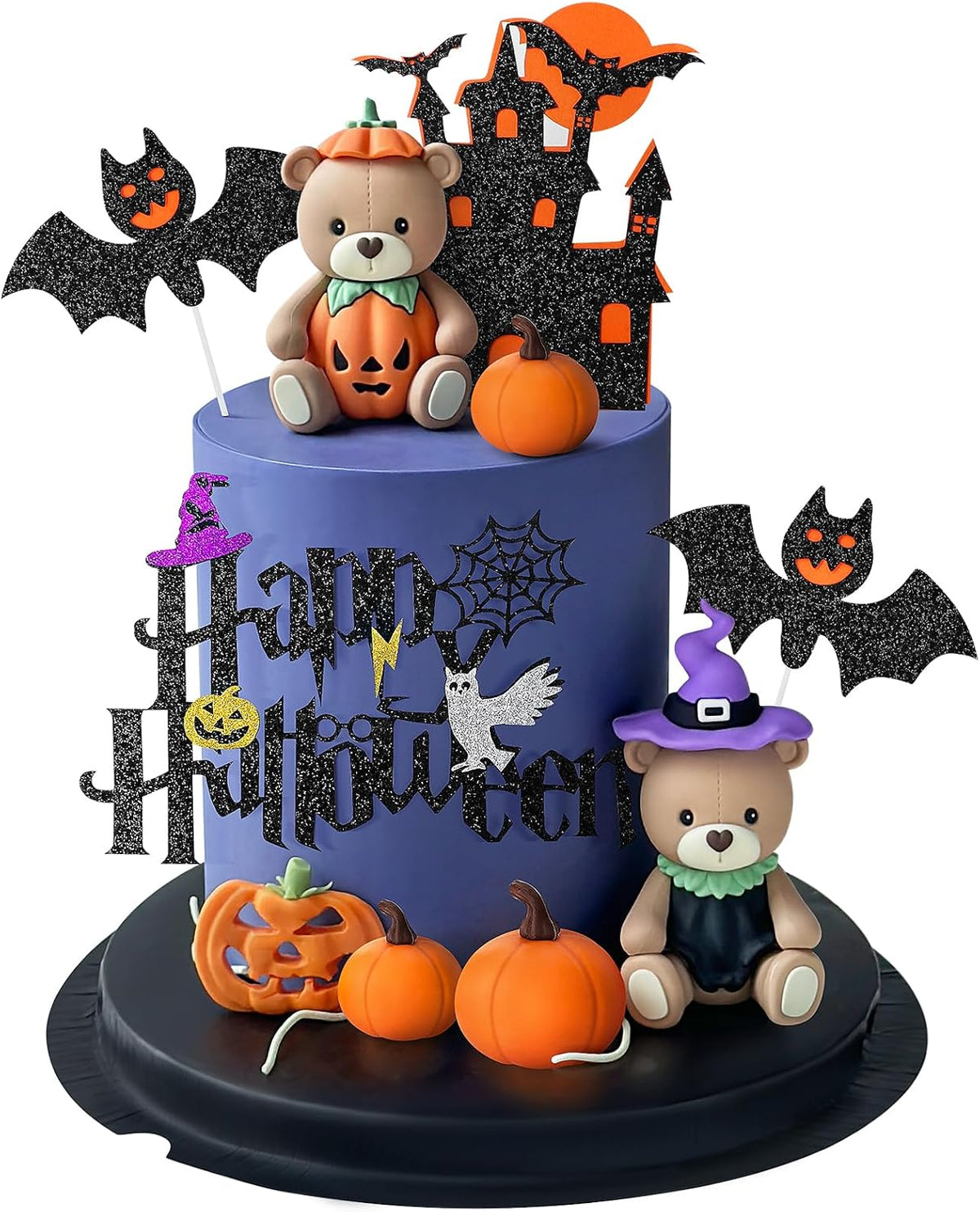 9 PCS Halloween Cake Topper Witch Bear Cake Topper Pumpkin Bat Cake Decorations with Happy Halloween Cake Decorations for Scary Party Supplies