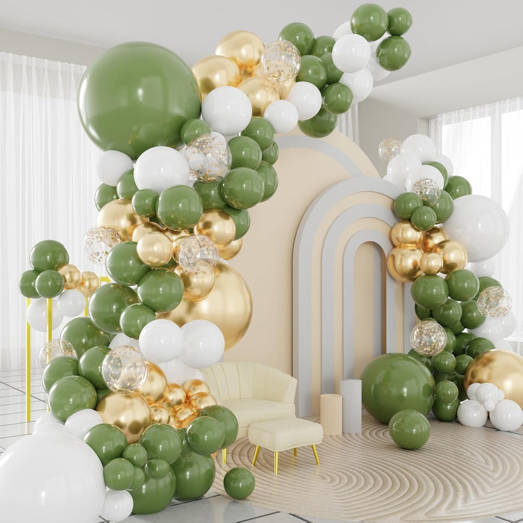 Sage Green Balloons Arch Kit, 124pcs Sage Green White and Gold Balloons