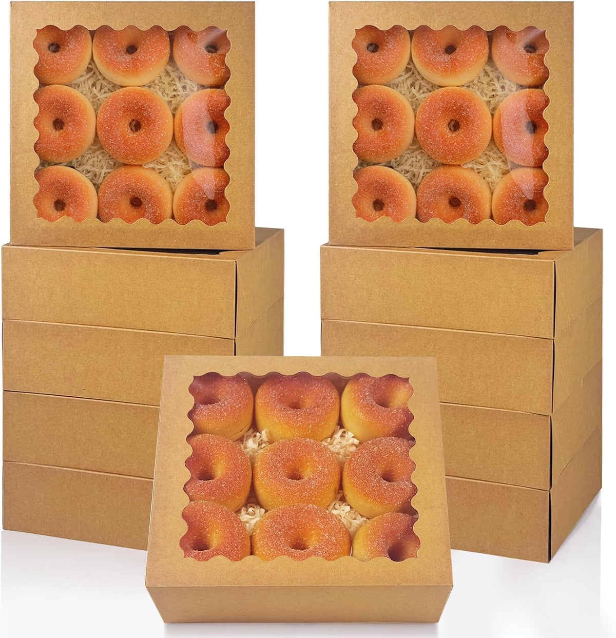 qiqee 10x10x2.5 Inch Brown Pie Boxes with Window 12Packs Cookie Donut Bakery Box (Auto-pop Up)