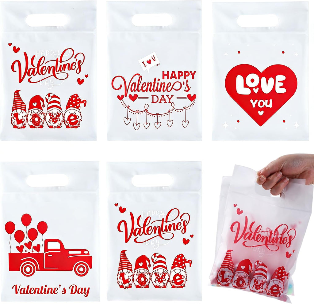 Valentines Cellophane Gift Bags, 80 PCS Valentines Treat Bags, Plastic Valentine Candy Cookies Snacks Goodies Sealing Bag with Handles for Valentine's Day Kids Party Favor Supplies Classroom Exchange