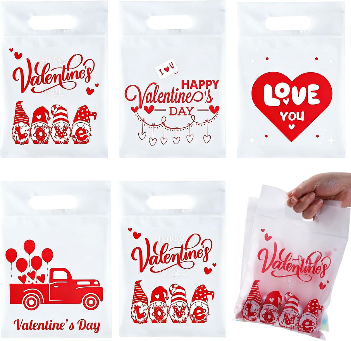 Valentines Cellophane Gift Bags, 80 PCS Valentines Treat Bags, Plastic Valentine Candy Cookies Snacks Goodies Sealing Bag with Handles for Valentine's Day Kids Party Favor Supplies Classroom Exchange