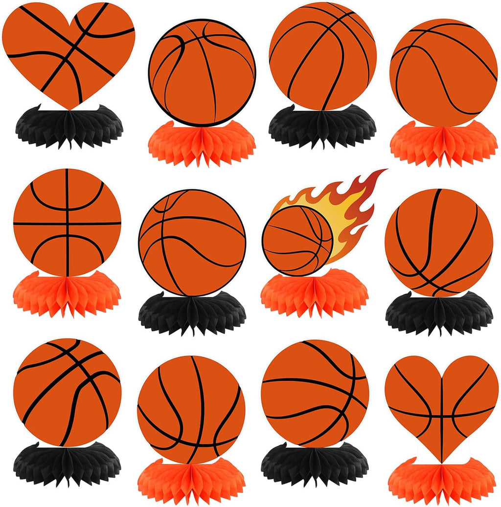 Yuntau 12 Pcs Basketball Party Decoration Honeycomb Centerpiece Basketball Table Topper Sports Table Decoration for Men Birthday Sports Theme Party Favors Supplies