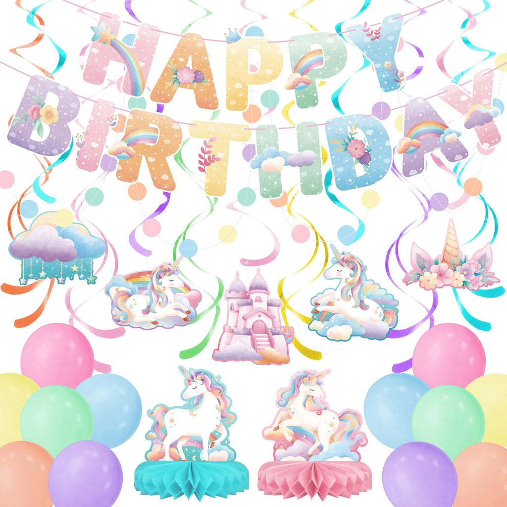 Unicorn Party Decorations Kit, Unicorn Birthday Decorations with Unicorn Birthday Banner, Circle Confetti Garland, Swirl Streamers, Balloons, Honeycomb Centerpiece, Rainbow Birthday Decorations