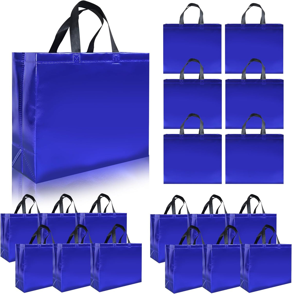 cabzymx 15 Pcs Glossy Blue Reusable Gift Bags with Handles, Party Gift Bags Bulk with Sturdy Bases, Ideal Goodie Bag for Birthday, Wedding, Christmas, Holiday-12.6 x 4.7 x 11 In