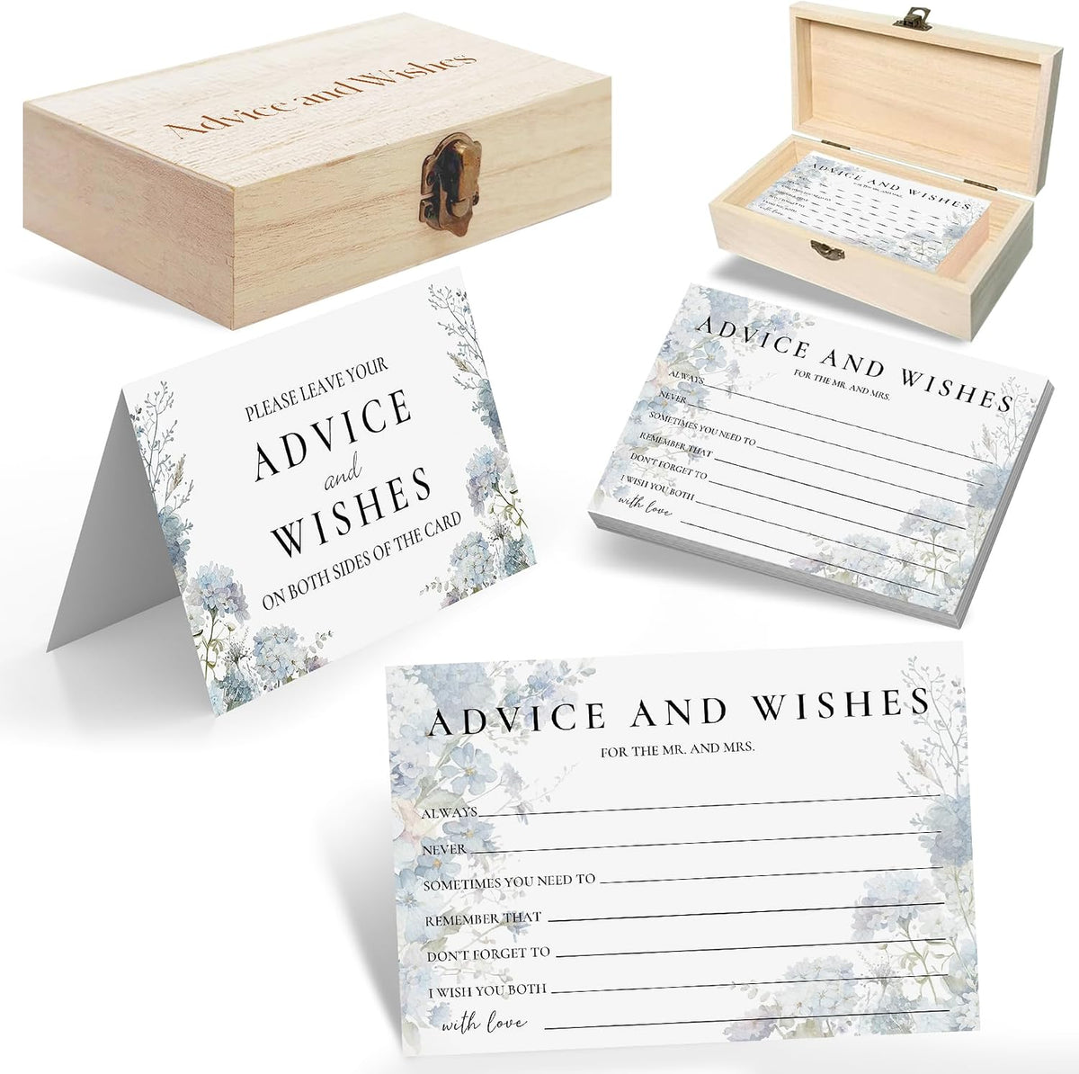 Advice and Wishes for Mr and Mrs - 60 Floral Wedding Messages with Storage Box - Romantic Marriage Well Wishes Set for Bridal Shower and Guest Book Alternative