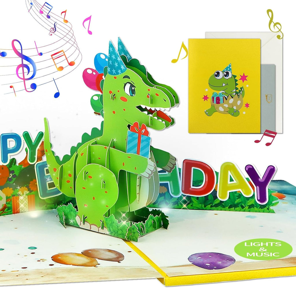 FaCraft Dinosaur Musical Birthday Cards for Kids - Music & Light 3D T-Rex