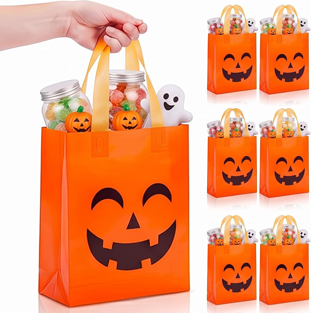 Pajean 25 Pcs Halloween Plastic Gift Bags with Handles, Pumpkin Pouches