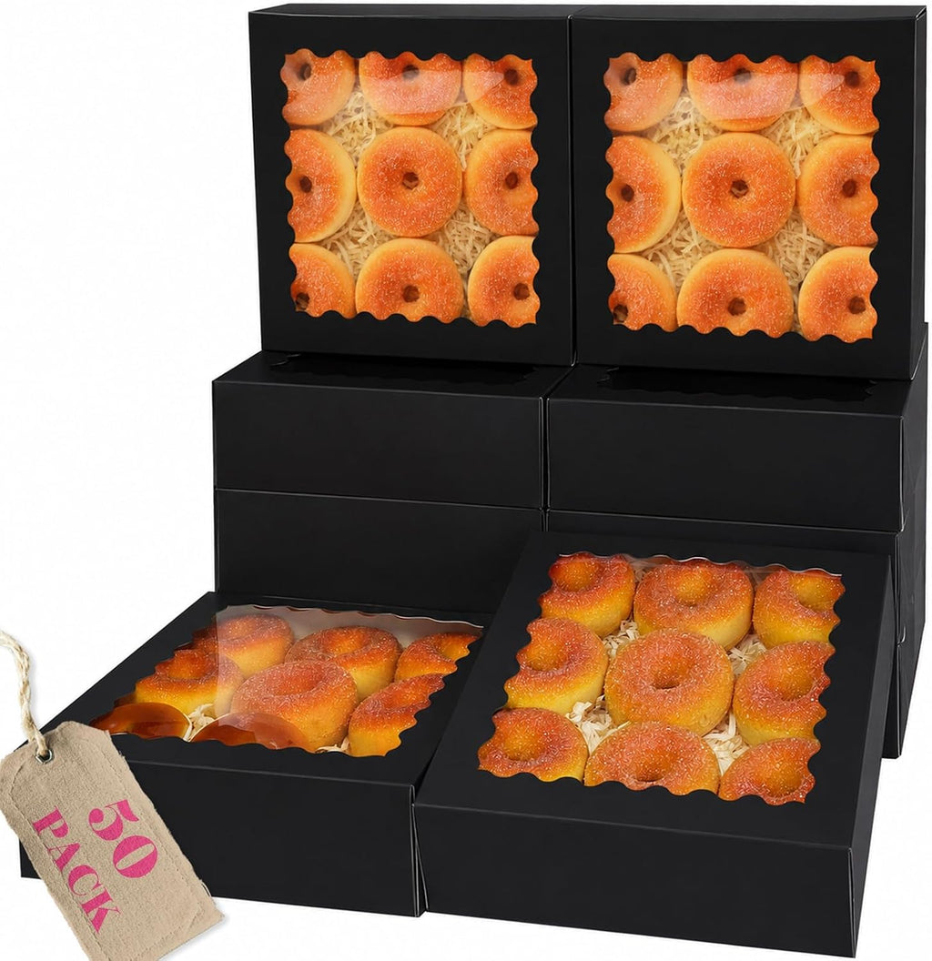 qiqee 10"x 10"x 2.5" Black Pie Boxes with Window 50Packs Cookie Donut Bakery Box (Auto-pop Up)