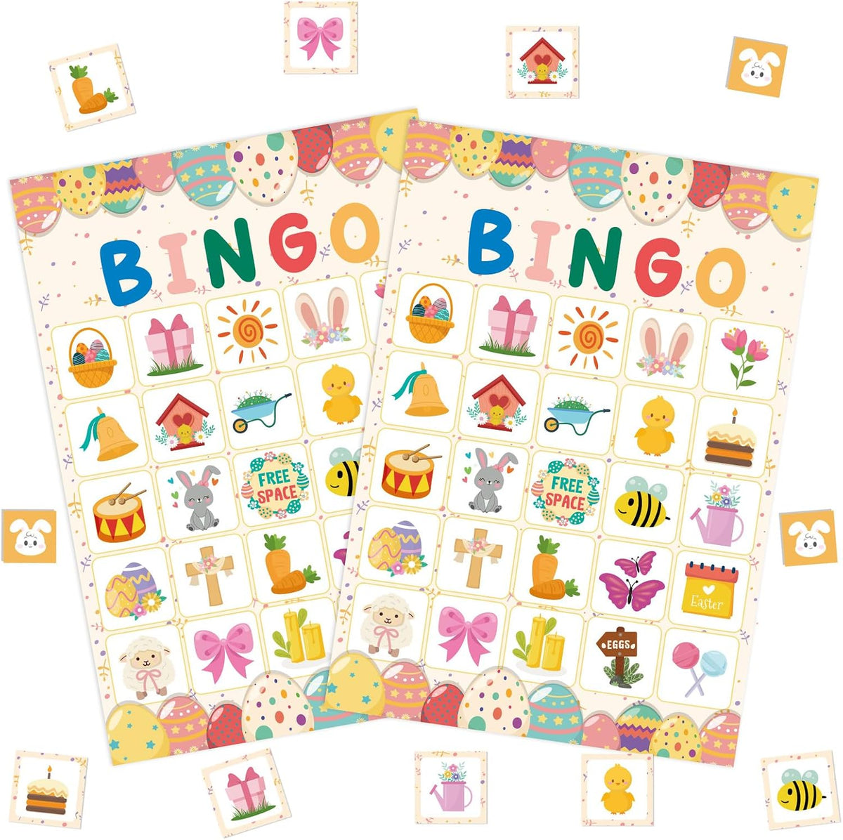 YQUQWN Easter Bingo Game 24 Players Colorful Egg Spring Bingo Cards with Bunny Chick Basket Icons Happy Easter Party Supplies for Holiday Activities