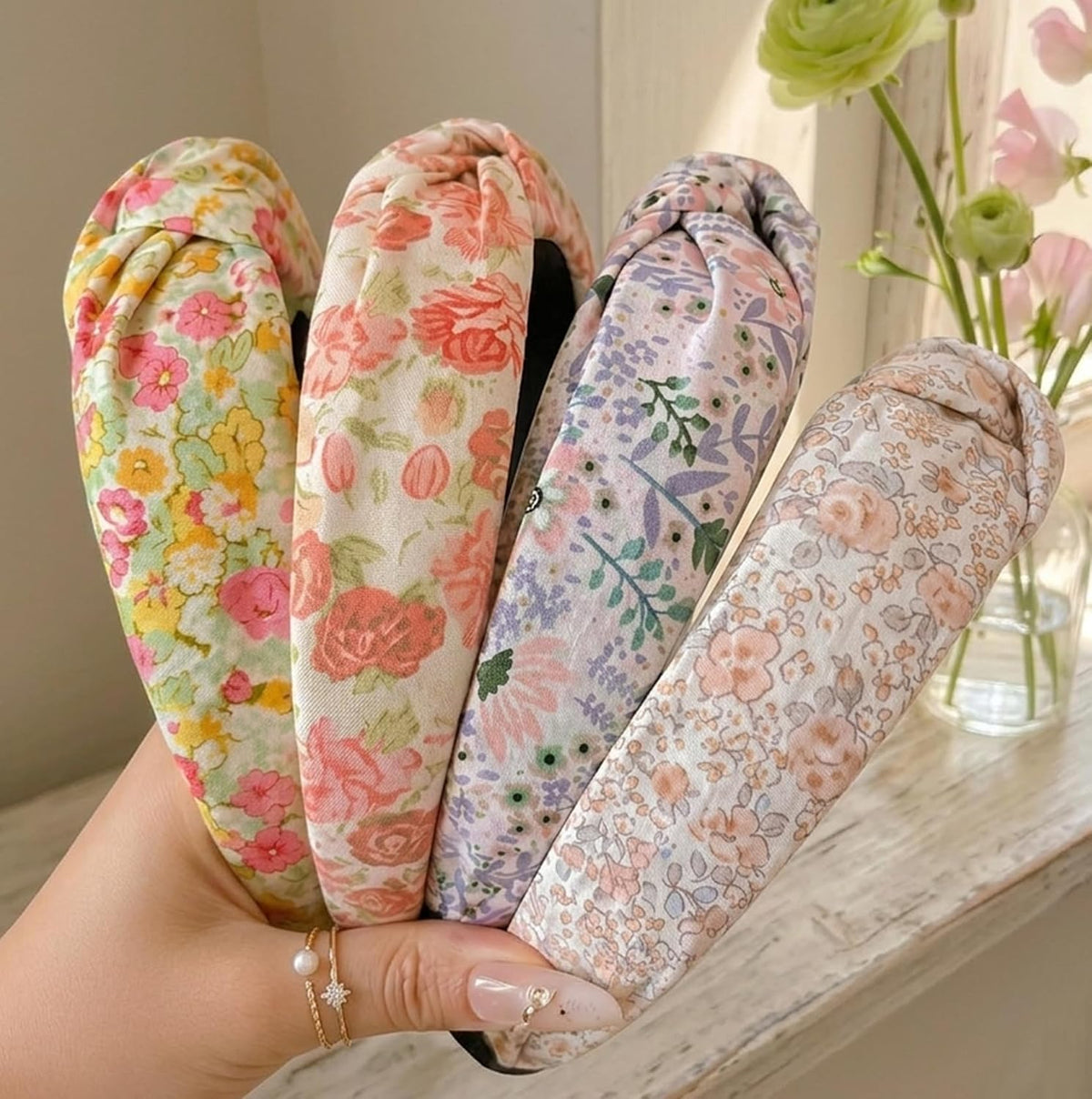 Huachi Headbands for Women Trendy Styles: Boho Knotted Headbands Floral Print, Cute Top Knot Head Bands for Girls for Summer Vacation Gifts 4PCS