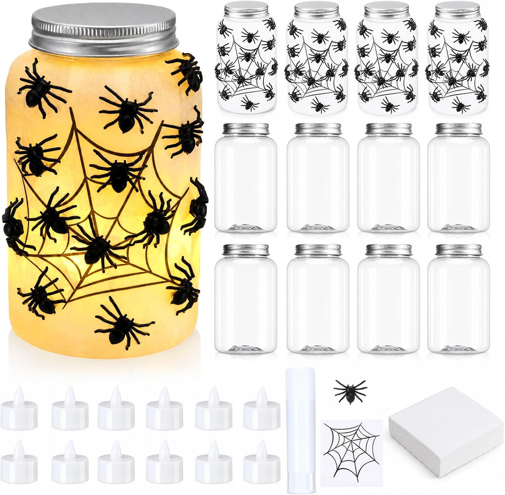 Qinyoung 12 Pcs Halloween Spiderweb Craft Spiders Mason Jars with LED Light