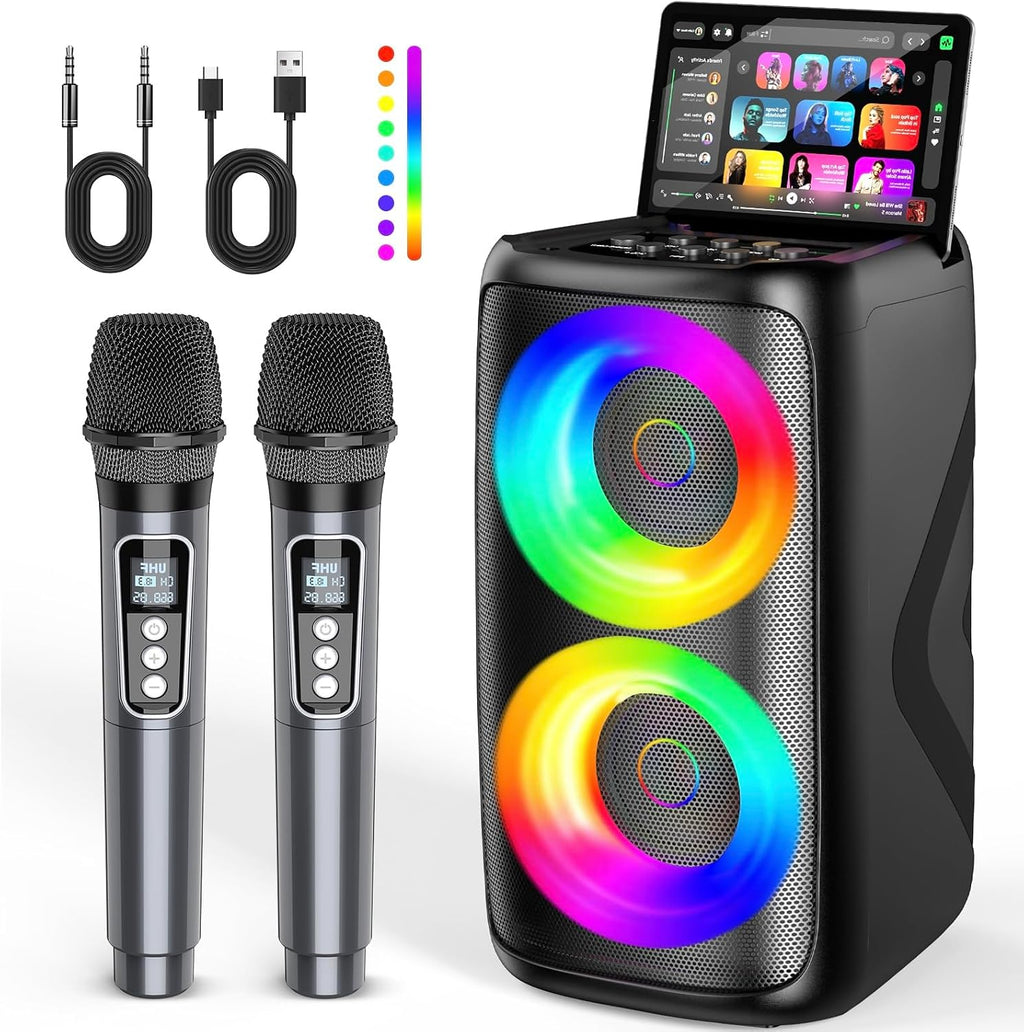 Portable Karaoke Machine for Adults: LED Lights Bluetooth Speaker with 2 Karaoke Microphones Birthday Gifts for Party Speaker Karaoke Home System Packages Supports TWS/TF Card/USB/AUX