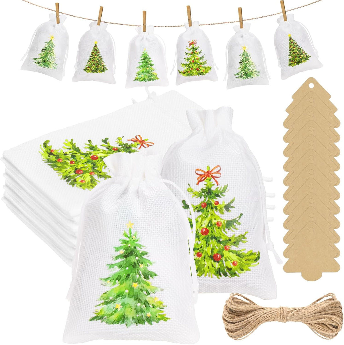 G2PLUS 24Pcs Christmas Drawstring Burlap Gift Bags - 4X6 In Christmas Advent Calendar Bags, 4 Design Xmas Tree Burlap Bag, White Treat Goody Bag for Xmas Holiday Party Favors