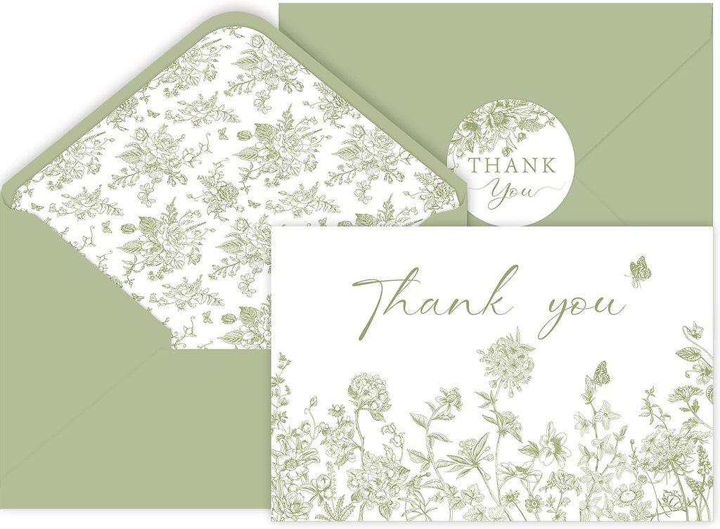 48 Pack Green Floral Thank You Cards With Envelopes Stickers, Summer Wedding Floral Thank You Card Greenery Bridal Shower Birthday Supplies