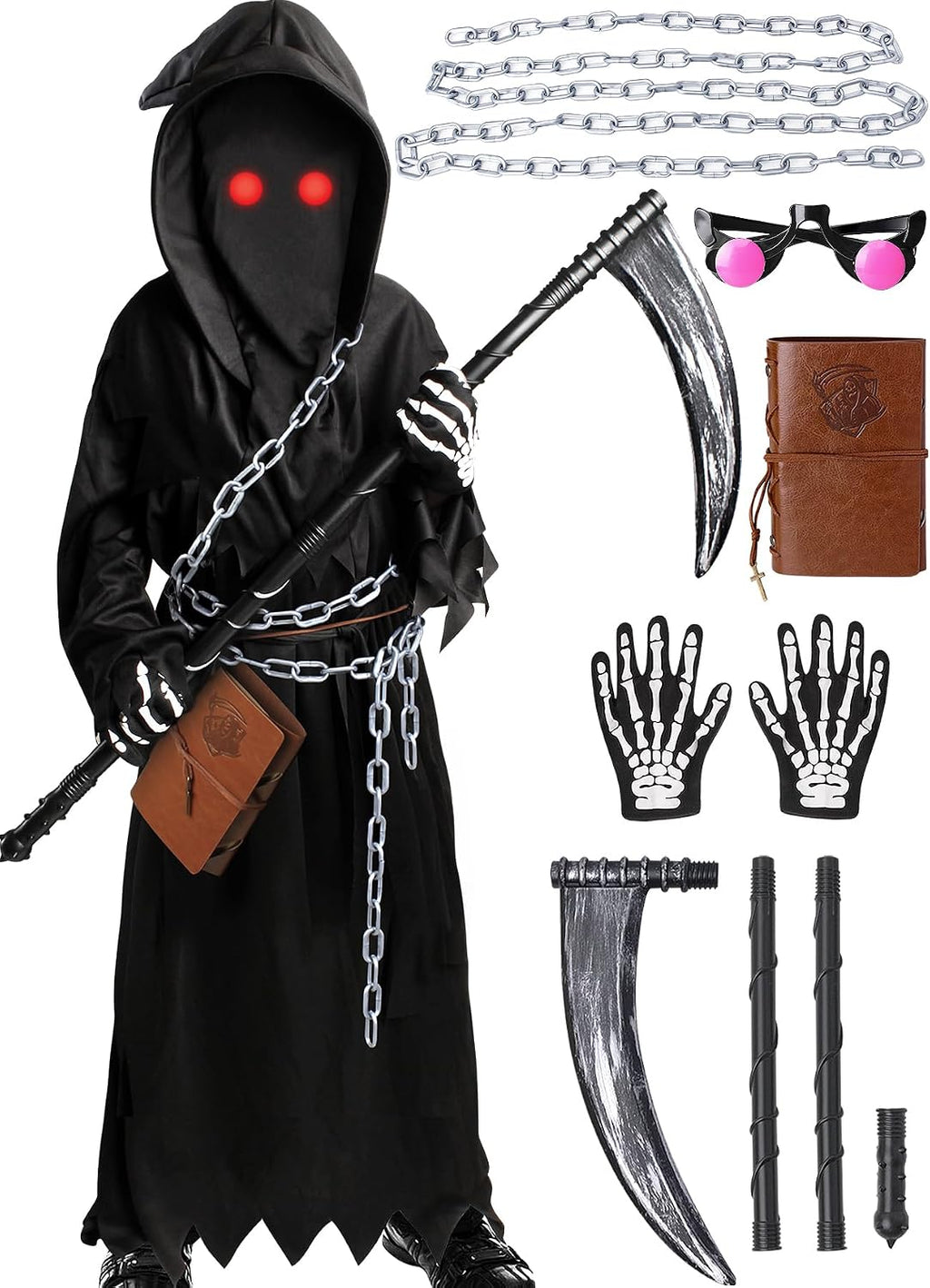 Grim Reaper Costume Kids Boys,7 PCS Scary Halloween Costumes for Kid