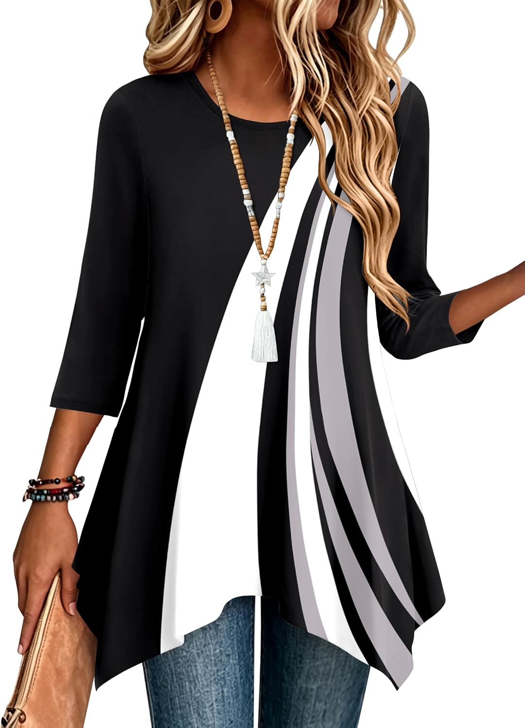 Zeagoo Womens Tops 3/4 Sleeve Loose Fit Dressy Tunics Plus Size Boho Shirts