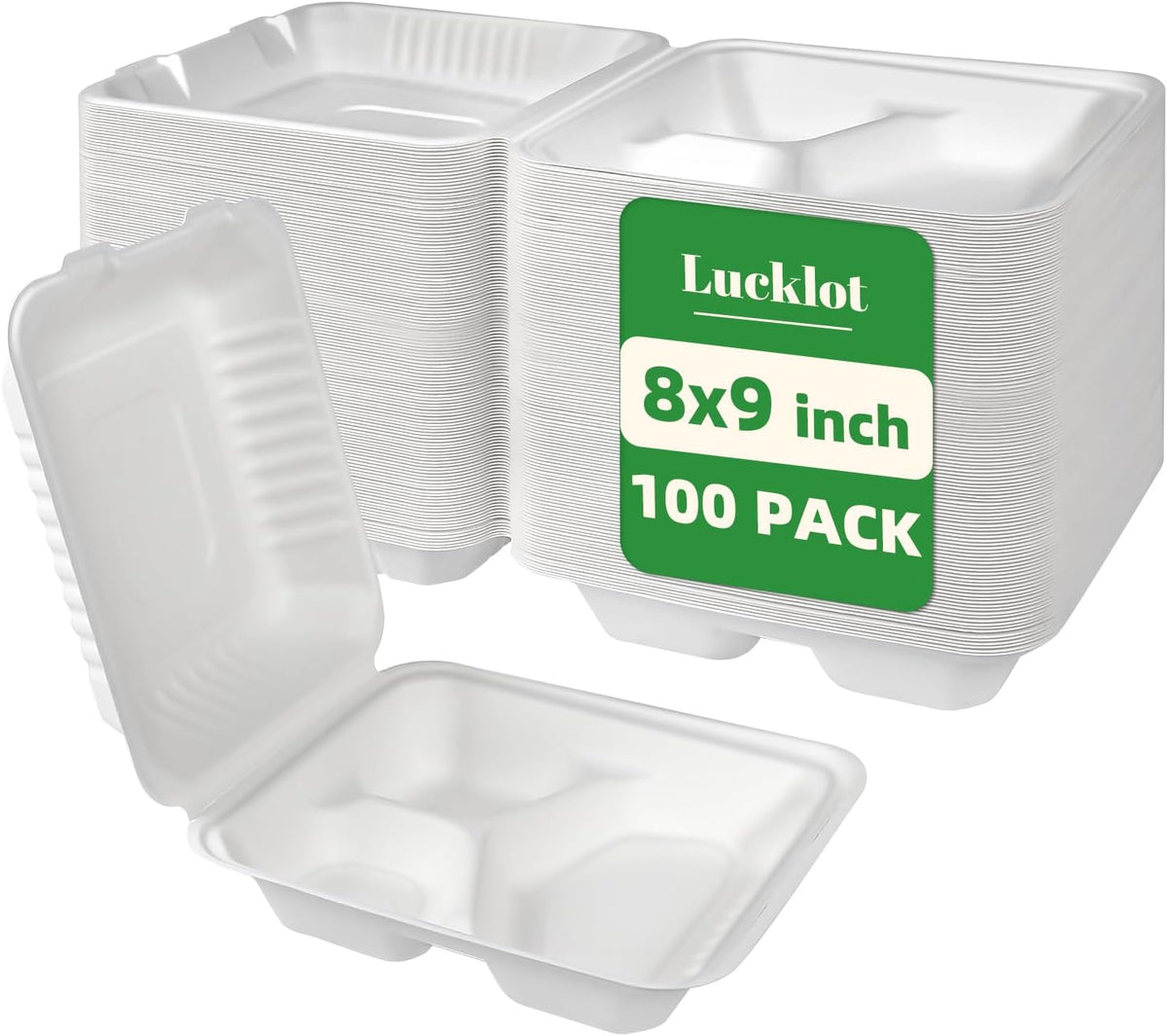 Lucklot 100 Pack 8×9 Inch 3-Compartment Compostable Bagasse Food Containers