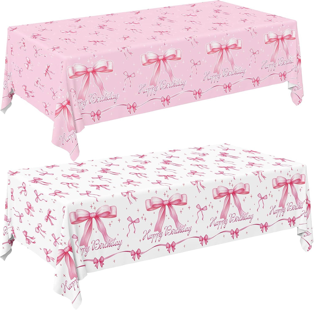 Gatherfun Pink Bow-Themed Party Supplies Set for Women: Happy Birthday & Bachelorette Decorations Combo - Includes 2 Disposable Tablecloths (54 x 108 inch) for Birthday & Tea Party Decorations