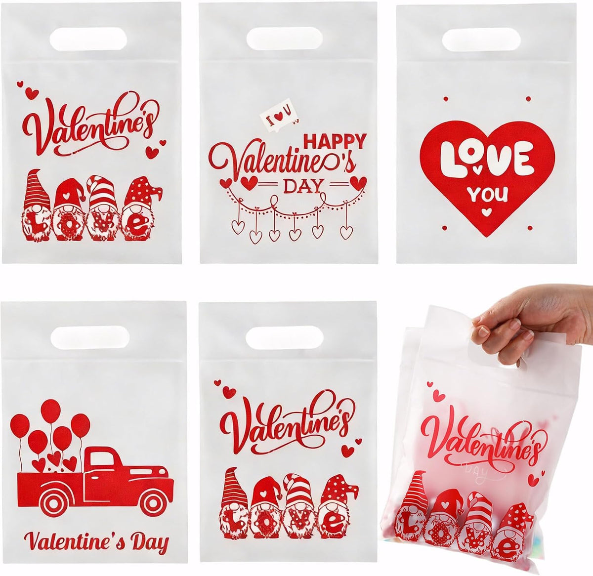 Valentines Cellophane Gift Bags, 40 PCS Valentines Treat Bags, Plastic Valentine Candy Cookies Snacks Goodies Sealing Bag with Handles for Valentine's Day Kids Party Favor Supplies Classroom Exchange