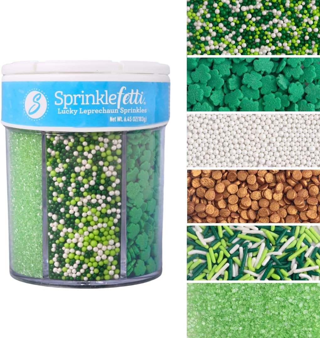 Sweets Indeed St Patricks Day 6 Cell Sprinkles Jar – Green Shamrock Quins, Green and Gold Sugar, Circle Quins and Nonpareils for Baking & Decorating Cupcakes, Cookies, Cakes & Desserts – 6.45 ounces
