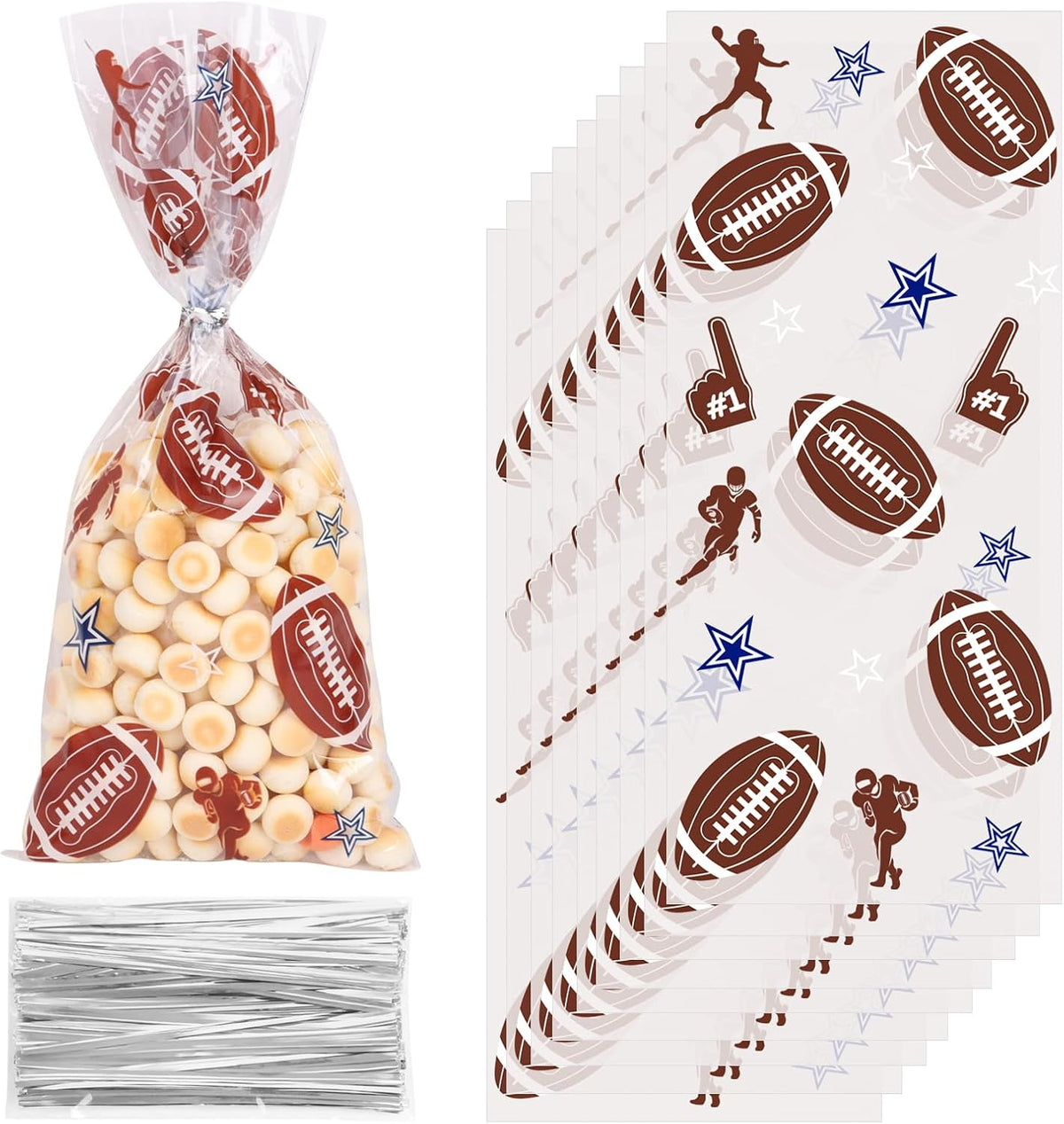 FOIMAS Football Cellophane Treat Bags,150pcs Football Candy Treat Bag Party Favor Goodie Bags for Football Party Favor Supply