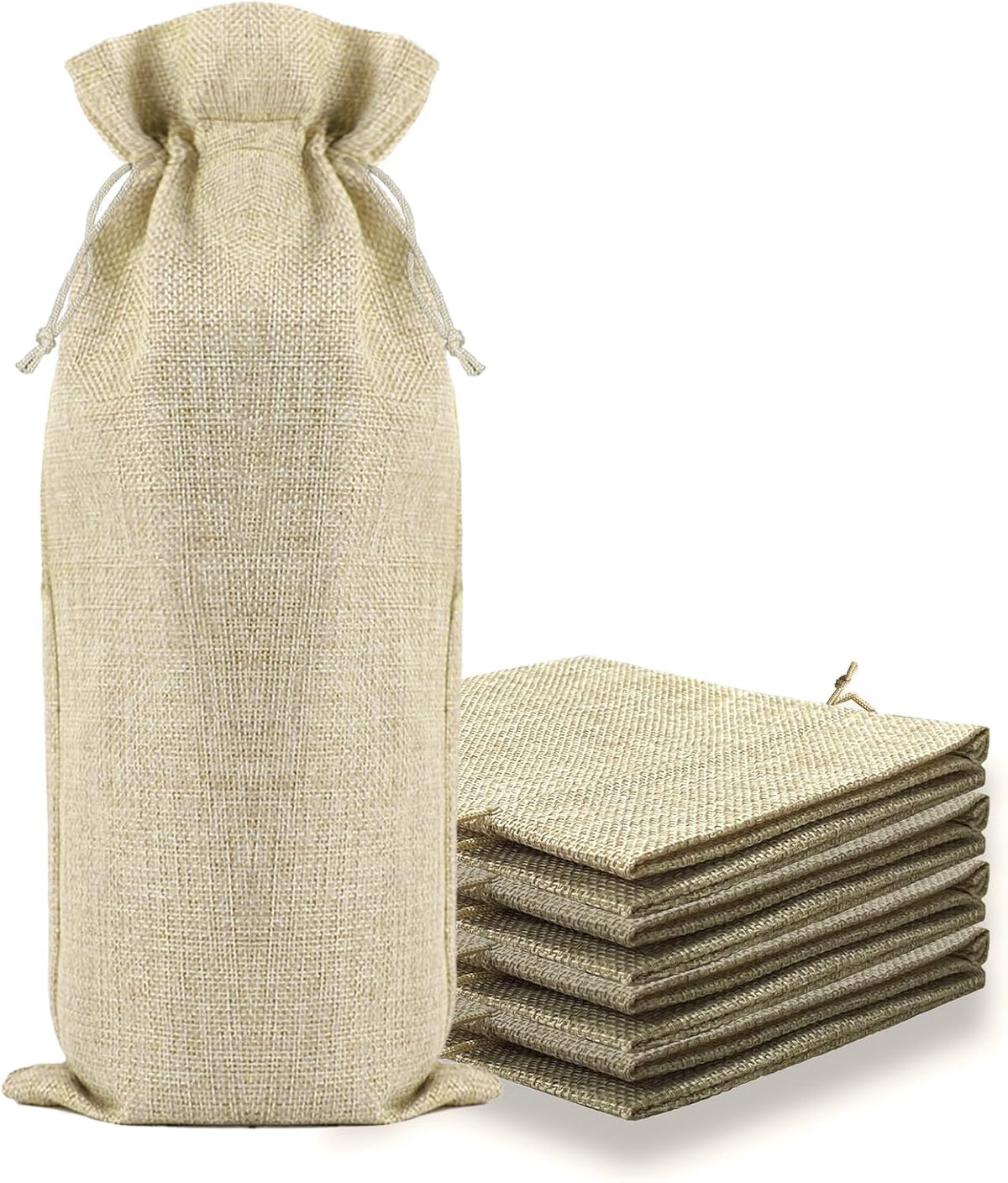 Oenothera 10 Pack Burlap Wine Gift Bags with Drawstring Fit 750ml, Natural